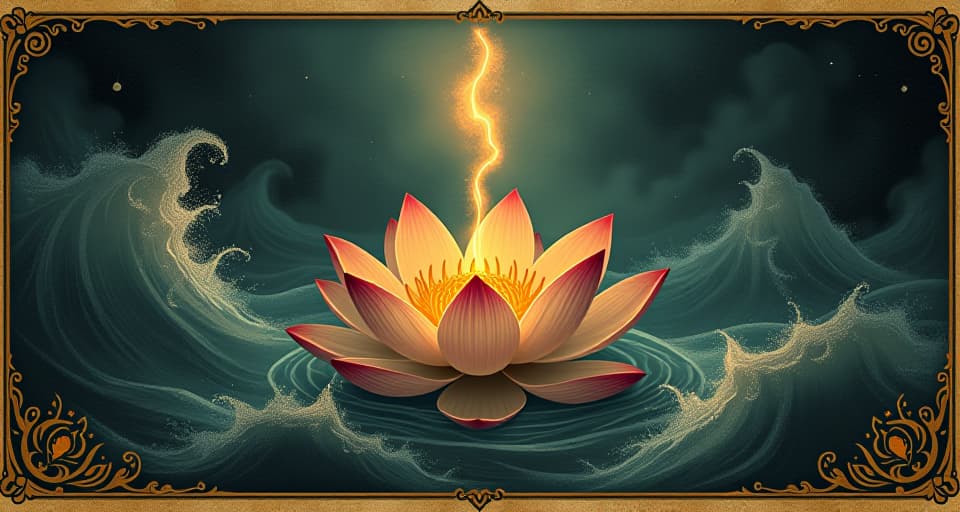  lotus among tumultuous waters, glowing petals, detailed, radiating energy, resilience, transcendence.. an illustration in the style of a worn, mystical old tarot trump card, mysterious and elements of surrealism. the colors are muted, somber and eerie, but with contrast bring out an occult and esoteric vibe.