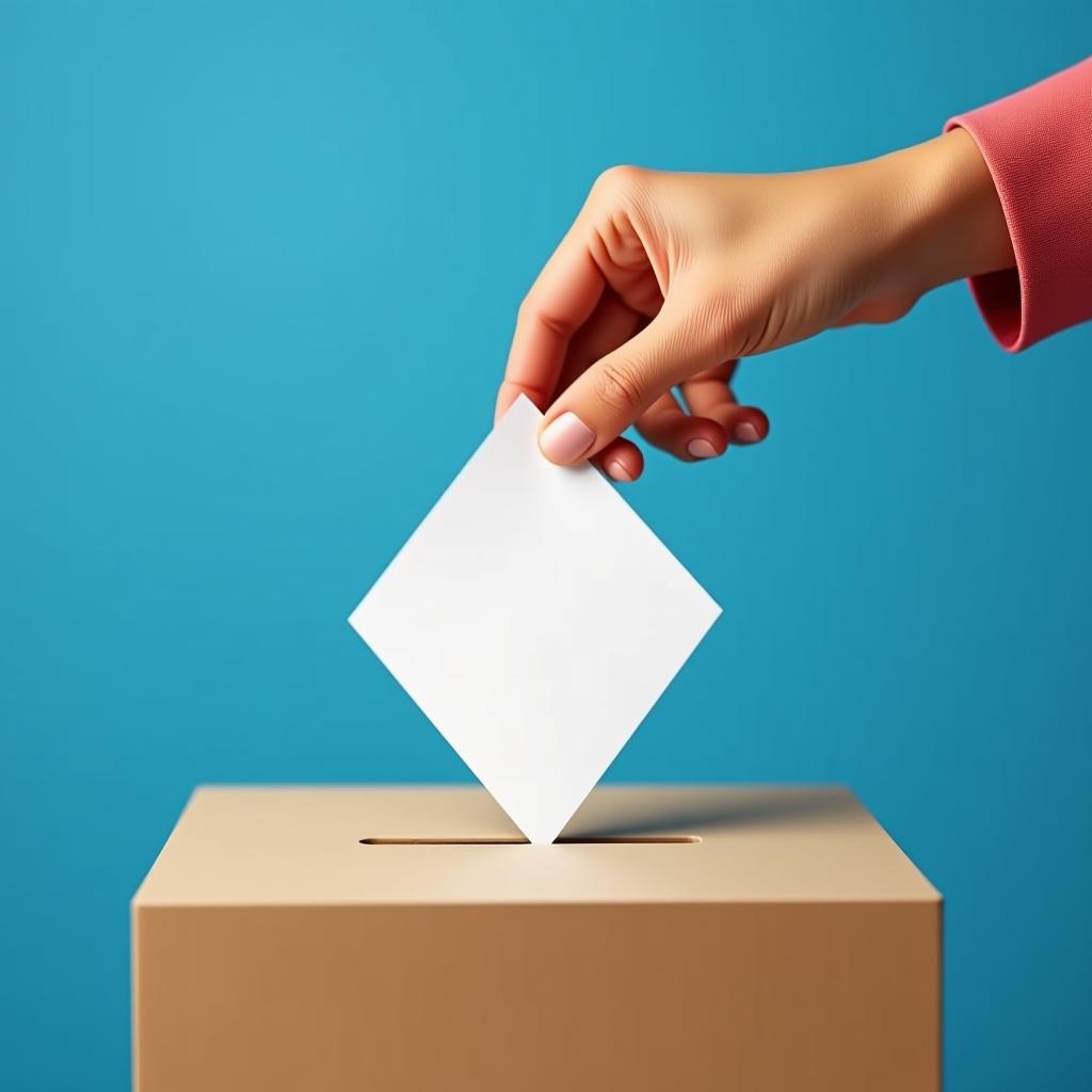  voting for the european union election, a hand putting a ballot paper into a ballot box on a blue background with copy space