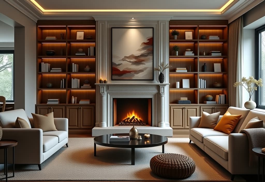  a landscape photo of a living room with a focal point of a modern fireplace surrounded by built in shelving, styled with a mix of decorative objects and books hyperrealistic, full body, detailed clothing, highly detailed, cinematic lighting, stunningly beautiful, intricate, sharp focus, f/1. 8, 85mm, (centered image composition), (professionally color graded), ((bright soft diffused light)), volumetric fog, trending on instagram, trending on tumblr, HDR 4K, 8K