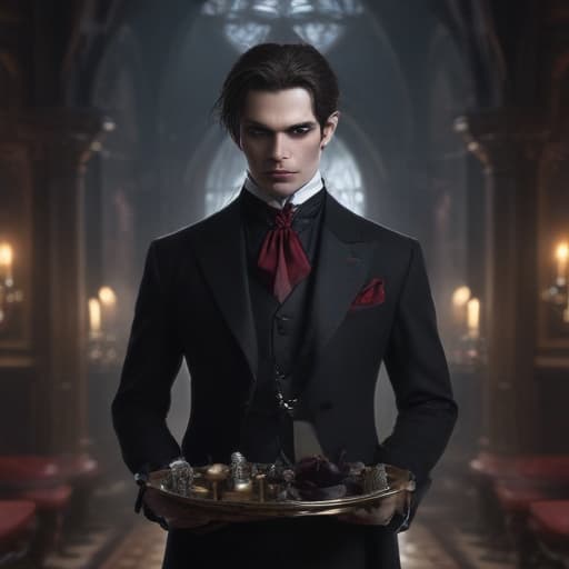 In the dimly lit grand hall of a gothic mansion, a Vampire Butler stands regally, holding a silver tray with elegant glasses of blood-red wine. His sharp fangs glisten in the candlelight as he gazes stoically ahead. His eyes, a piercing crimson, seem to follow your every move. Shadows dance around him, adding to his mysterious aura. The intricate details of his black suit and silver accents are beautifully rendered in a digital art style reminiscent of Akina Fujiwara's work. The dark attribute of this supernatural being is evident in the eerie atmosphere surrounding him. fantastical creatures or characters inspired by mythology, folklore, or popular culture. use vibrant colors, sharp lines, intricate details, dynamic poses, dramatic lightin