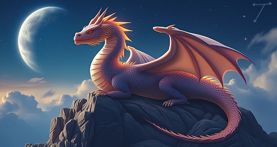  a powerful dragon with radiant scales, resting atop a mountain under a starry sky. the bright constellations reflect the strength and clarity guiding its path forward.. the style is digital art illustration,highly detailed, whimsical,magical, dreamlike atmosphere, realism and fantasy blend, smooth, glossy textures,luminous quality, wonder and enchantment.