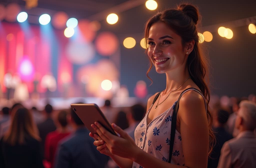  female event manager with tablet in hands against background of festive event with balloons, flowers and stage. ar 3:2, (natural skin texture), highly detailed face, depth of field, hyperrealism, soft light, muted colors