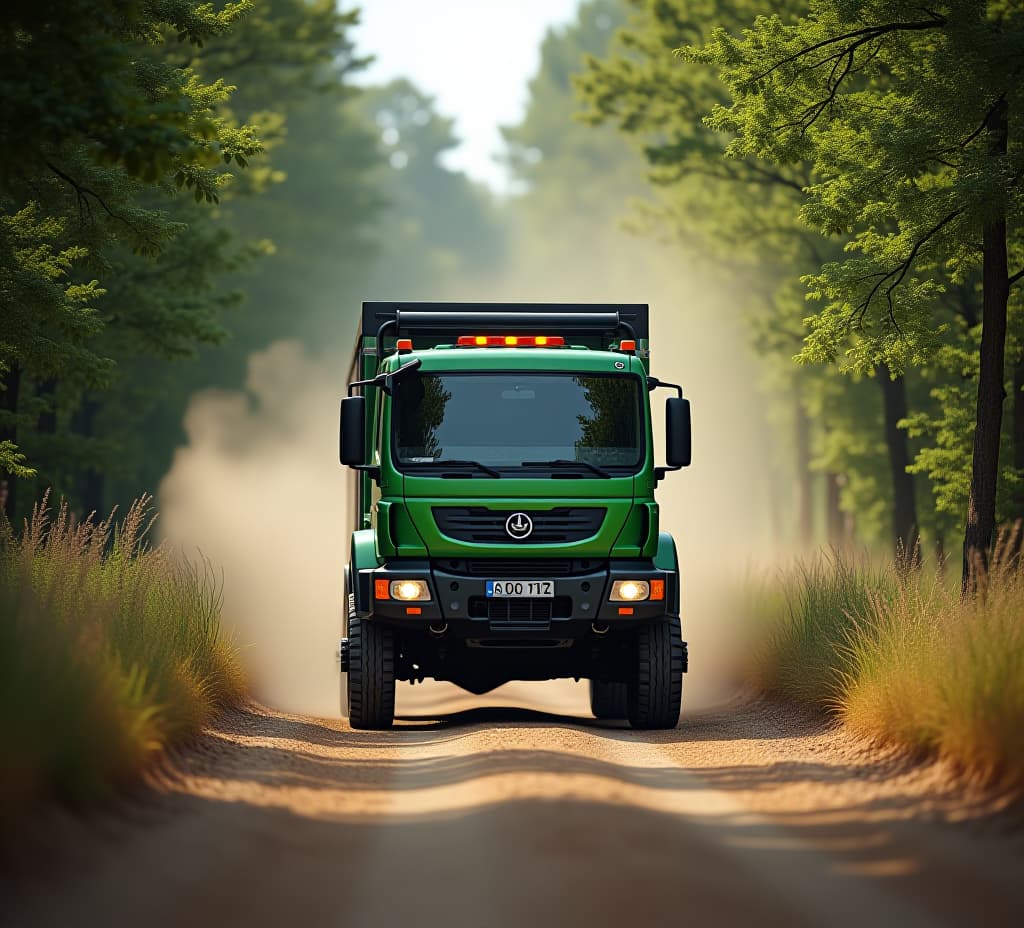  a green truck on a dirt road