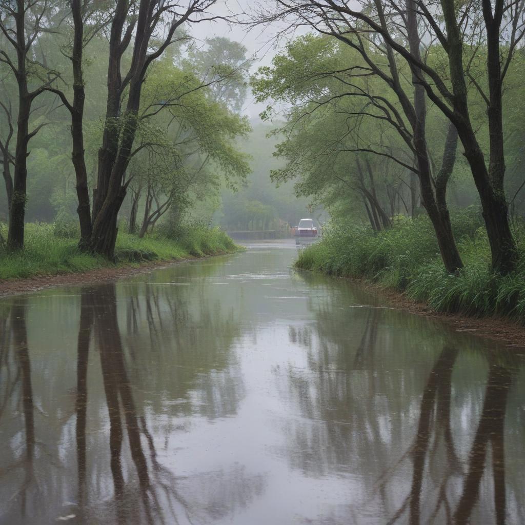 An impressionistic landscape capturing the essence of a rainy day.