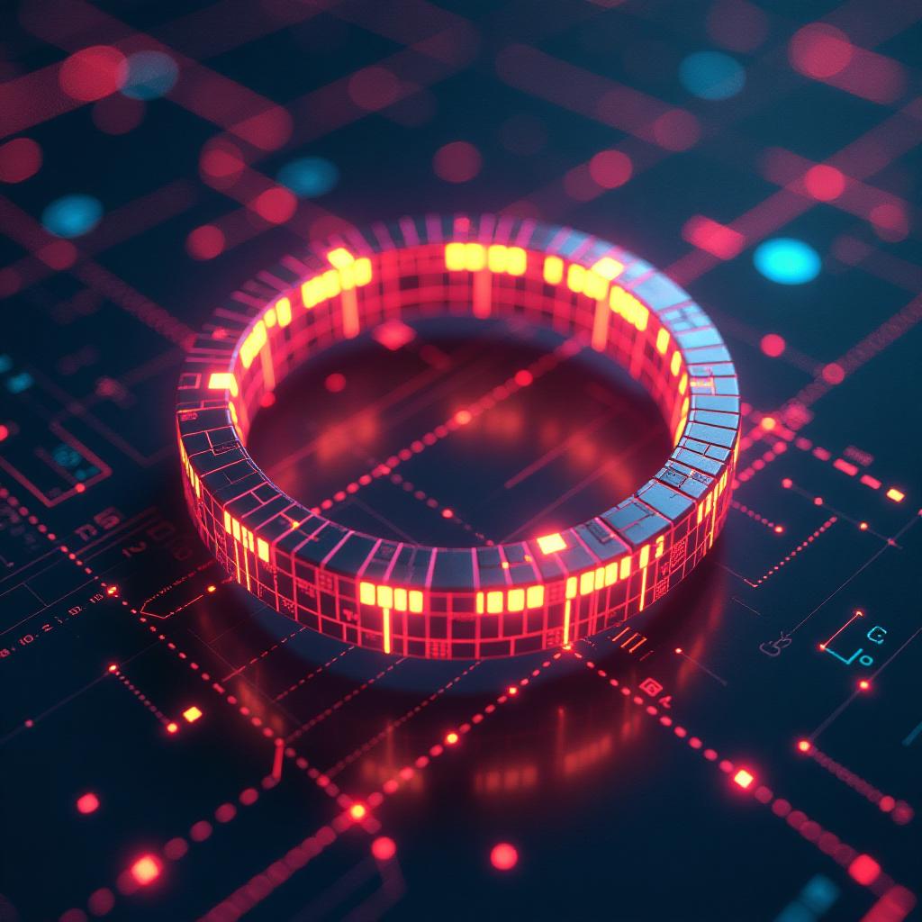  create a futuristic grid scene featuring a glowing ring and a high tech diode. the overhead shot captures the intricate details of the ring, showcasing its luminous surface and geometric patterns, while the diode adds a unique technological element with its sleek design. the background is a cybernetic landscape, filled with vibrant colors and complex grid lines that enhance the futuristic atmosphere. the composition focuses on the interplay of light and shadow, accentuating the textures of the ring and diode. the overall image should convey a sense of advanced technology and innovation, highlighting the harmony between these elements in a captivating way.