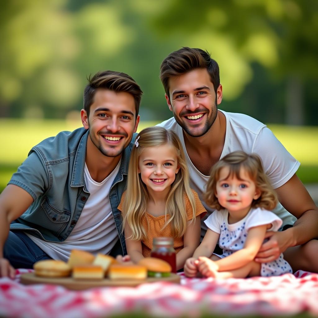  a blonde girl with her husband, son, and little daughter at a picnic.