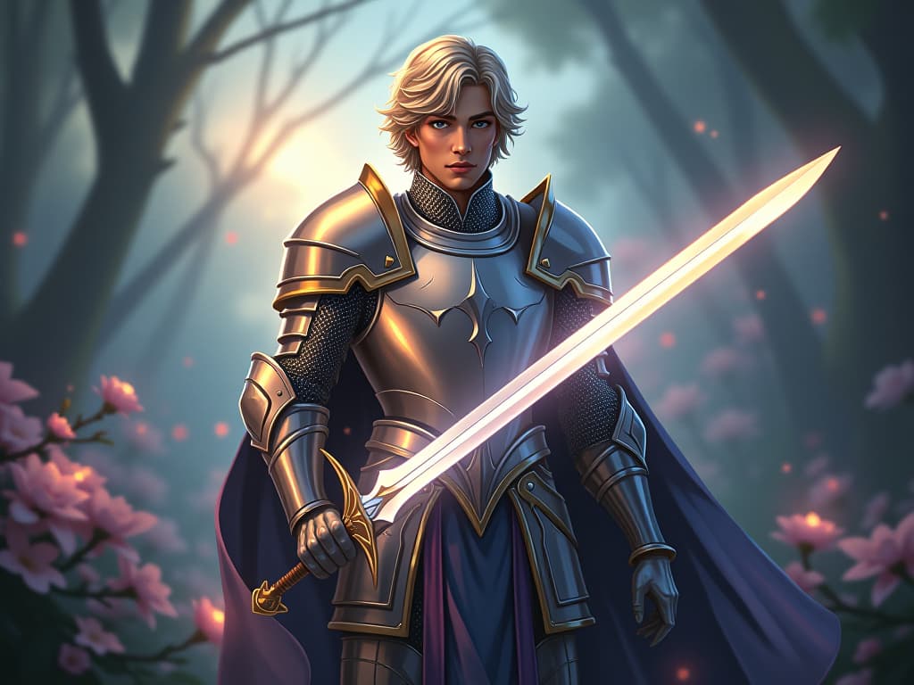  ethereal knight in a sparkling armor, holding a radiant sword, standing in a serene, enchanted garden filled with glowing flora. mystical light illuminates his determined expression, representing inner transformation.. the style is digital art illustration,highly detailed, whimsical,magical, dreamlike atmosphere, realism and fantasy blend, smooth, glossy textures,luminous quality, wonder and enchantment.