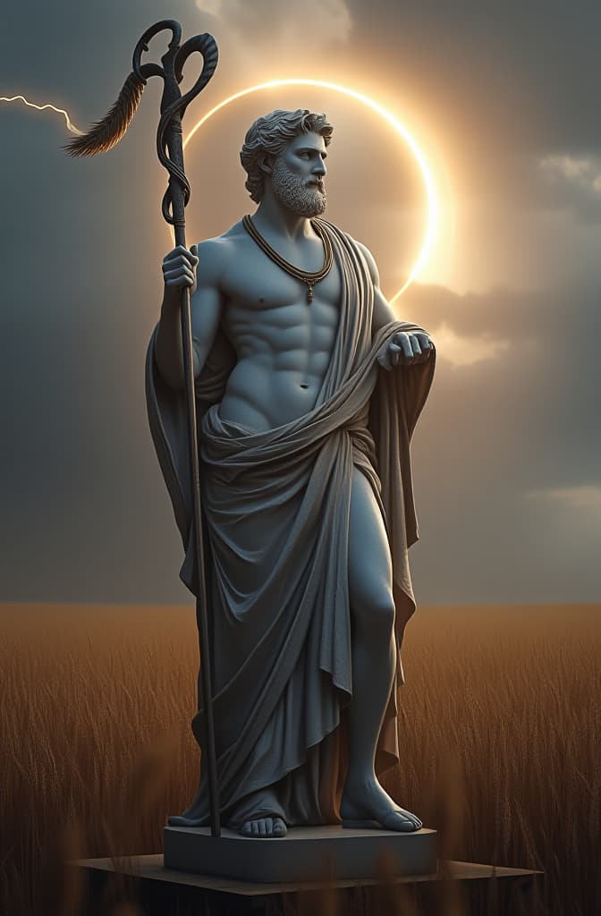  marble statue of hermes with caduceus as depicted in pompeii; solar eclipse, wheat fields; lightning hyperrealistic, full body, detailed clothing, highly detailed, cinematic lighting, stunningly beautiful, intricate, sharp focus, f/1. 8, 85mm, (centered image composition), (professionally color graded), ((bright soft diffused light)), volumetric fog, trending on instagram, trending on tumblr, HDR 4K, 8K