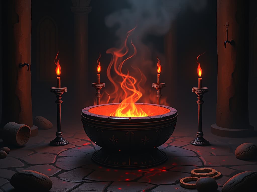  a crucible with molten metal, symbolic items burning away impurities. dark, medieval setting, flickering torchlight, suffering, purification.. the style is dark fantasy and mysterious occult, symbolic, moody lighting, esoteric vibe,high detail on character design. for the color scheme emphasize blacks and reds.