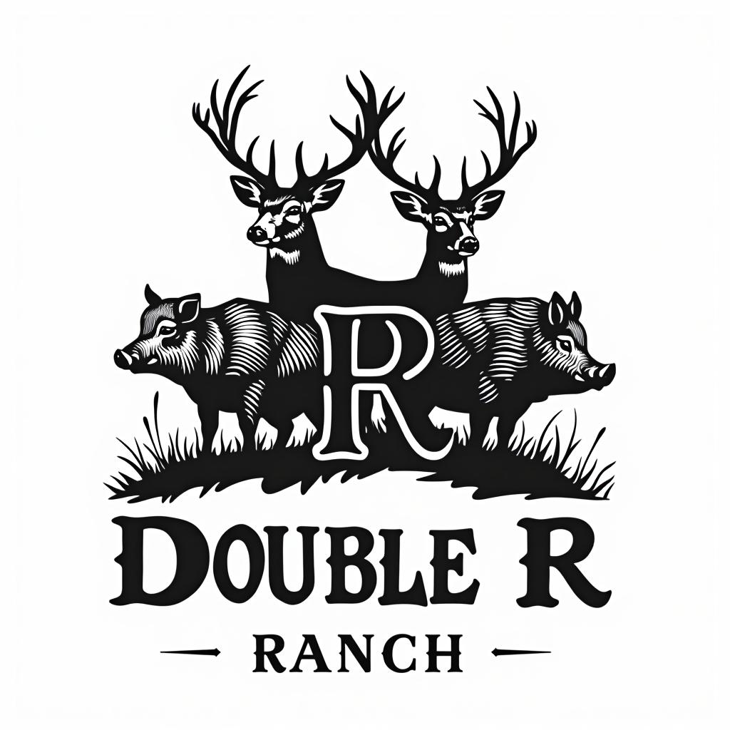  design a logo, sleek black and white logo design which incorporates a deer , a turkey and a wild hog, with 2 letter r facing back to back in the forefront. the text title is “double r ranch”