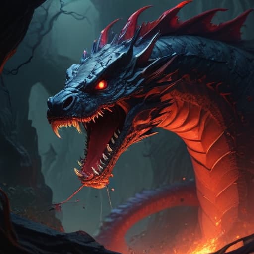 In the depths of a shadowy abyss, a colossal serpent with pitch-black scales coils around itself in an eternal embrace. Its piercing crimson eyes seem to glow with an otherworldly power, casting an ominous aura over the desolate landscape. Dark energy crackles around its form, crackling with malevolent intent. The Ouroboros - Calamity King exudes a sense of ancient, primordial power, ready to unleash chaos upon any who dare to challenge its dominion. fantastical creatures or characters inspired by mythology, folklore, or popular culture. use vibrant colors, sharp lines, intricate details, dynamic poses, dramatic lighting, atmospheric backgrounds, and blend anime, manga, and Western comic influences.