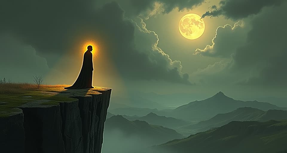  a lone figure with a glowing aura, standing at the edge of a cliff, overlooking a vast landscape, sense of inevitable change and dominance. an illustration in the style of a worn, mystical old tarot trump card, mysterious and elements of surrealism. the colors are muted, somber and eerie, but with contrast bring out an occult and esoteric vibe.