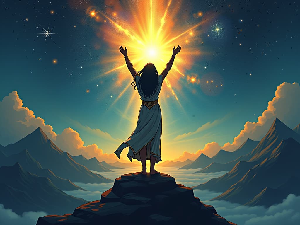  a radiant being, standing on a mountain peak under the stars, arms raised, transforming the scenery with divine light, symbolizing connection to the stars. the style is digital art illustration / modern comic book / mysterious occult, symbolic, esoteric vibe,high detail on character design, incorporating ancient egyptian symbology and attire.