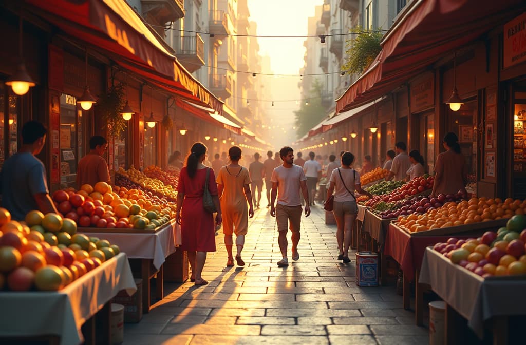  "create a vibrant, high resolution digital artwork of a bustling urban marketplace at sunset, filled with diverse stalls displaying colorful fruits, flowers, and handmade crafts. include people of various backgrounds engaging in joyful interactions, with warm, golden light illuminating the scene. add a sense of depth with shadows and reflections on polished surfaces, emphasizing the richness of the colors and details to convey the idea of enhancing everyday beauty." hyperrealistic, full body, detailed clothing, highly detailed, cinematic lighting, stunningly beautiful, intricate, sharp focus, f/1. 8, 85mm, (centered image composition), (professionally color graded), ((bright soft diffused light)), volumetric fog, trending on instagram, trending on tumblr, HDR 4K, 8K