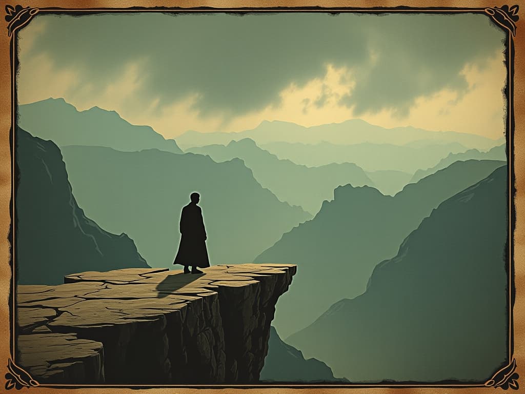  a person standing on the edge of a cliff overlooking a vast, unknown landscape, stepping forward with courage, grand vista, anticipation. an illustration in the style of a worn, mystical old tarot trump card, mysterious and elements of surrealism. the colors are muted, somber and eerie, but with contrast bring out an occult and esoteric vibe.