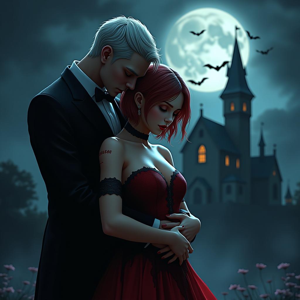  art, a vampire couple in love, at night against the background of a gothic castle, bats are flying in the sky, a guy stands behind and hugs a girl around the waist, a girl has short red hair, blood on the girl's shoulder and bite marks a guy has short white hair, they eyes are burning hyperrealistic, full body, detailed clothing, highly detailed, cinematic lighting, stunningly beautiful, intricate, sharp focus, f/1. 8, 85mm, (centered image composition), (professionally color graded), ((bright soft diffused light)), volumetric fog, trending on instagram, trending on tumblr, HDR 4K, 8K