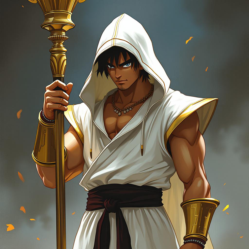  make goku wear a white hoodie with golden edges and hold a golden pole