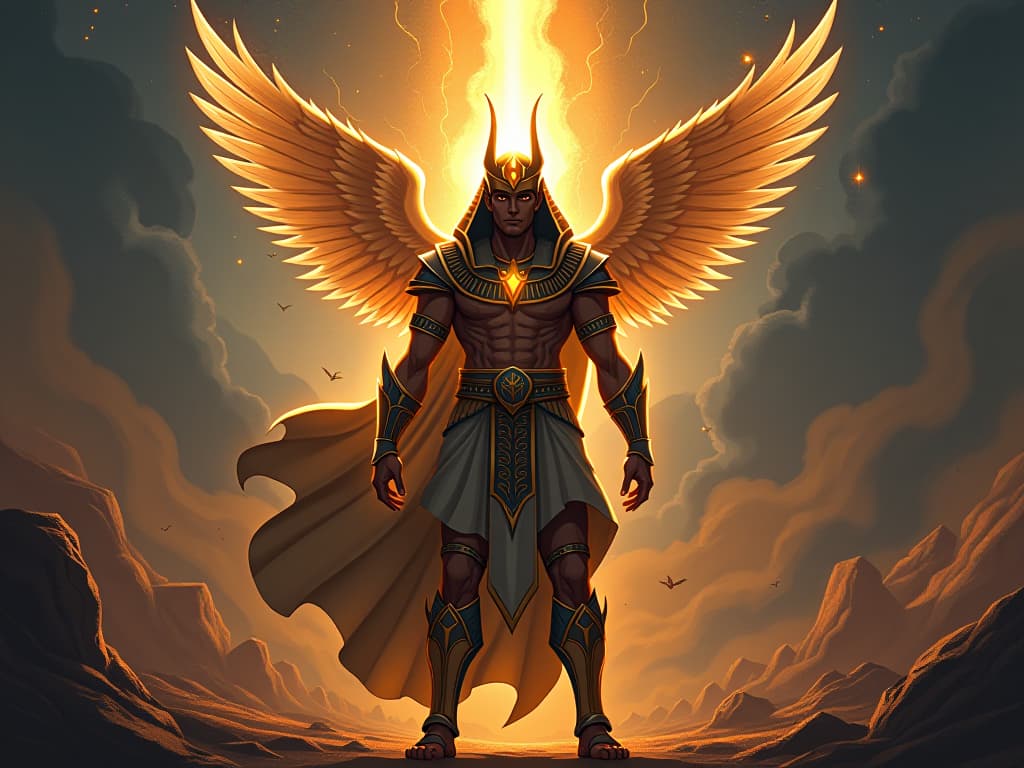  a radiant warrior, armor glowing with celestial light, standing amidst a battlefield, symbolizing strength and renewal. the style is digital art illustration / modern comic book / mysterious occult, symbolic, esoteric vibe,high detail on character design, incorporating ancient egyptian symbology and attire.