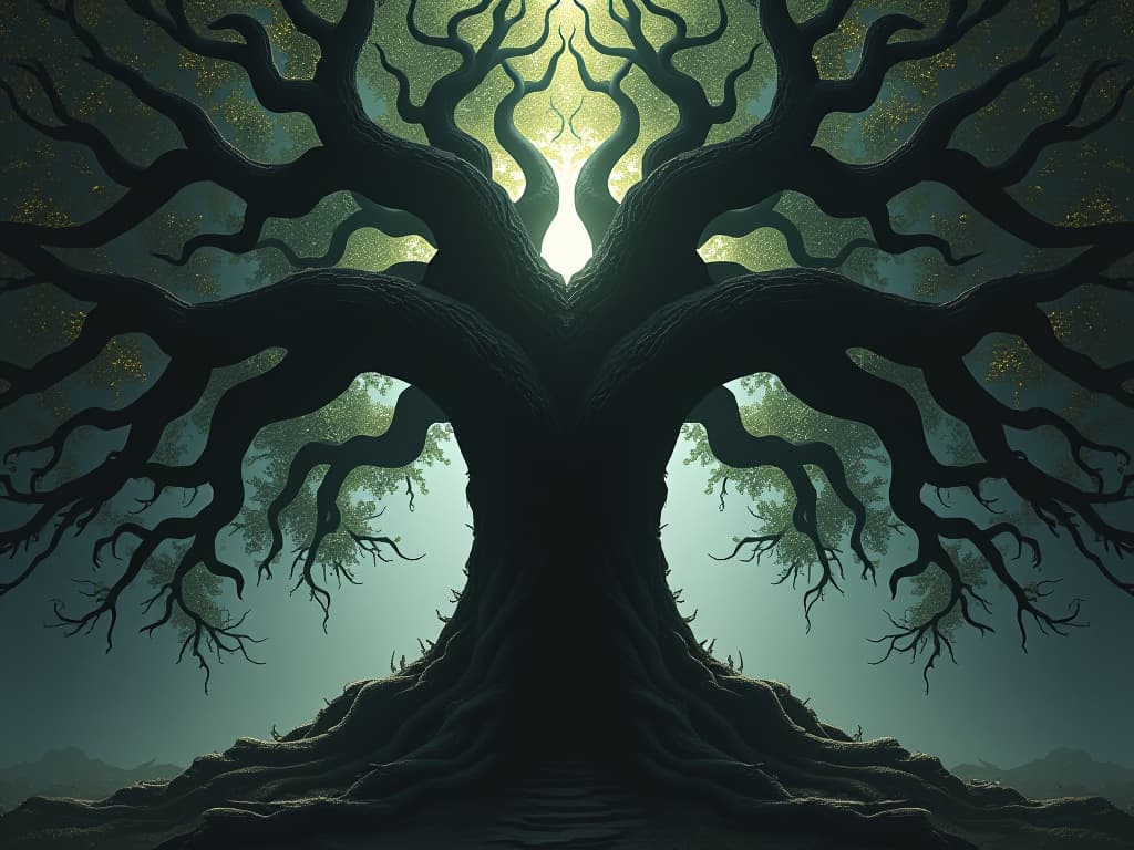  a grand tree with intertwined branches, sunlight filtering through leaves, sense of unity, strength.. the style is dark fantasy and mysterious occult, symbolic, moody lighting, esoteric vibe,high detail on character design. for the color scheme emphasize blacks and reds.