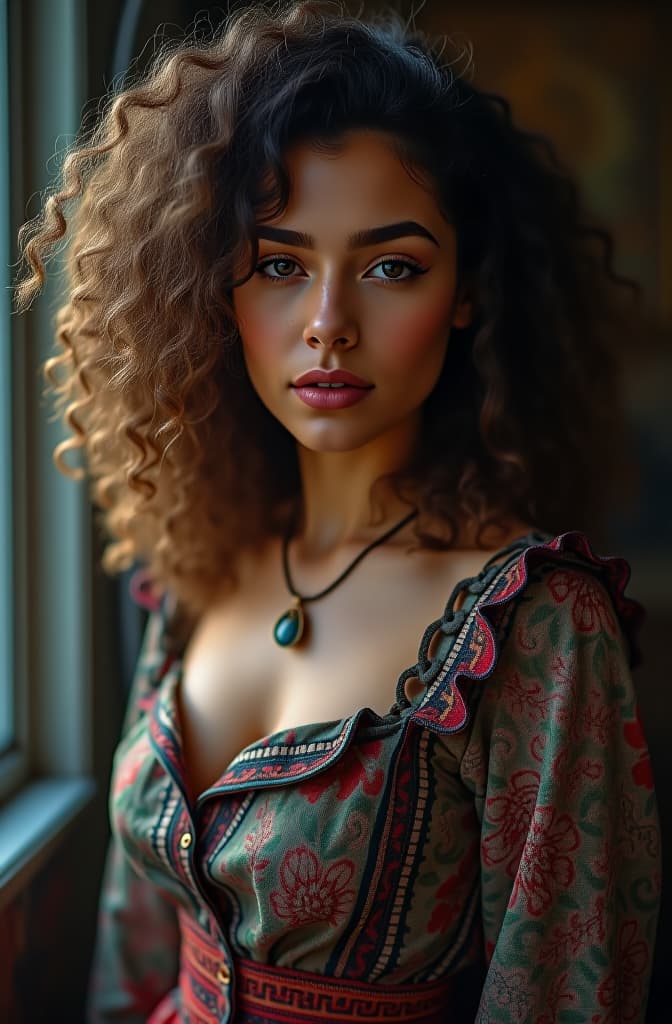  curly haired light skin girl hyperrealistic, full body, detailed clothing, highly detailed, cinematic lighting, stunningly beautiful, intricate, sharp focus, f/1. 8, 85mm, (centered image composition), (professionally color graded), ((bright soft diffused light)), volumetric fog, trending on instagram, trending on tumblr, HDR 4K, 8K