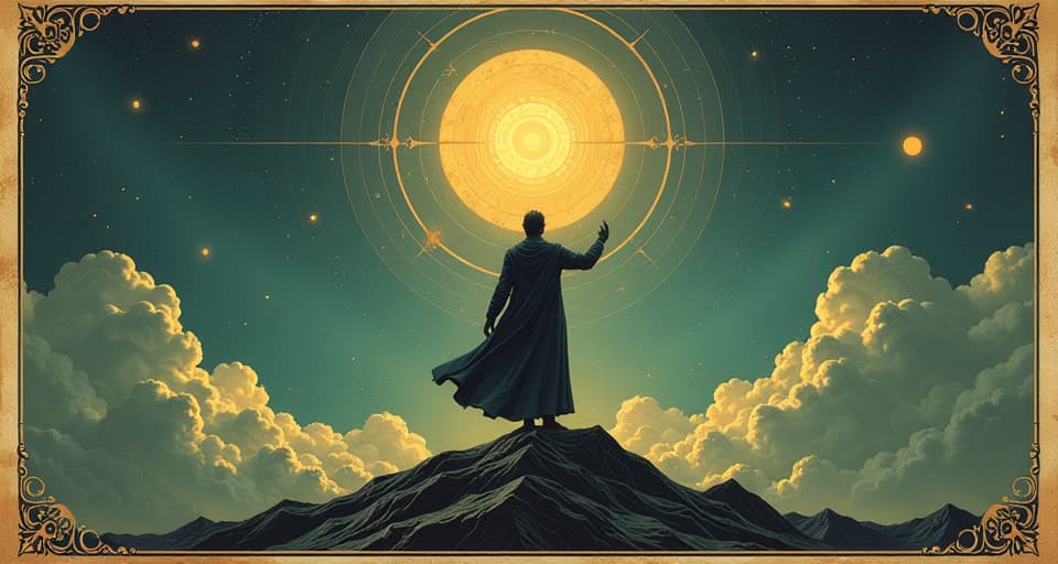  a figure surrounded by vast open space, towering above, signifying success, expansive, triumphant. an illustration in the style of a worn, mystical old tarot trump card, mysterious and elements of surrealism. the colors are muted, somber and eerie, but with contrast bring out an occult and esoteric vibe.