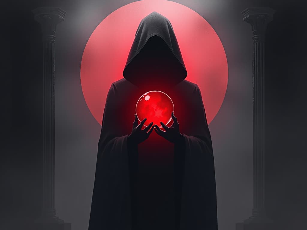  obscured red crystal ball, foggy interior, symbol of clouded vision. the style is digital art illustration / modern comic book / graphic dark novel fantasy and mysterious occult, symbolic, moody lighting, esoteric vibe,high detail on character design. for the color scheme emphasize blacks and reds.