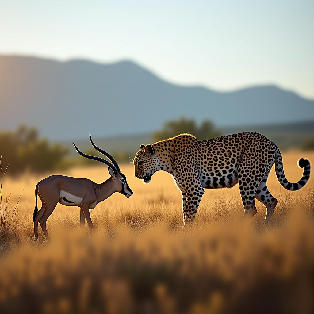  photoreal. professional. photorealistic+++++. a leopard stalking a springbok. it is the dry season. it is noon. the sky is clear. mountainous african terrain. detailed african bushveld flora. uhd. ultra detailed. best quality photo. intricate details. give attention to the finest details.