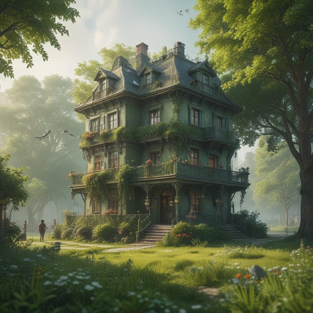 ((masterpiece)),(((best quality))), 8k, high detailed, ultra detailed,A cute green Q version building with intricate details, trees surrounding the structure, tiny people enjoying the scenery, birds flying in the sky, flowers blooming in the foreground hyperrealistic, full body, detailed clothing, highly detailed, cinematic lighting, stunningly beautiful, intricate, sharp focus, f/1. 8, 85mm, (centered image composition), (professionally color graded), ((bright soft diffused light)), volumetric fog, trending on instagram, trending on tumblr, HDR 4K, 8K