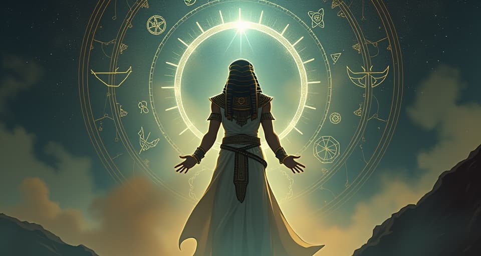  a figure surrounded by an ethereal glow, celestial symbols subtly etched in the air, atmosphere humming with cosmic anticipation. the style is digital art illustration / modern comic book / mysterious occult, symbolic, esoteric vibe,high detail on character design, incorporating ancient egyptian symbology and attire.