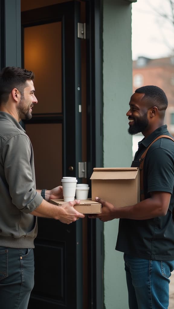  professional detailed photography, good looking delivery man is holding a cardboard tray with coffee cups and giving a paper bag to a customer at the front door ar 9:16, (muted colors, dim colors, soothing tones), (vsco:0.3)