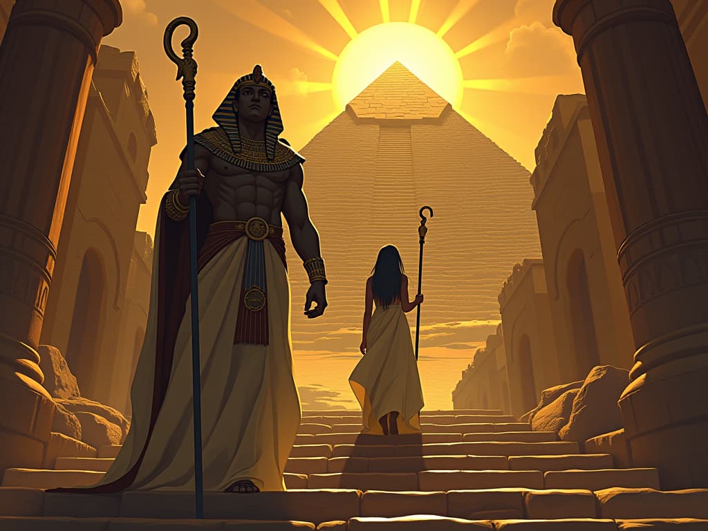  pharaoh ascending stone steps, pyramid in the background, golden rays of light, a large busted priestess in tight linen robes holding a staff, ceremonial atmosphere. the style is digital art illustration / modern comic book / mysterious occult, symbolic, esoteric vibe,high detail on character design, incorporating ancient egyptian symbology and attire.