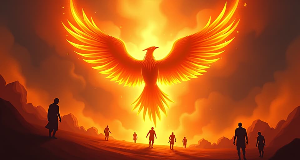  a radiant phoenix, rising majestically from bright, glowing flames. in the background, shadows of defeated figures. the contrast of light and shadows evokes triumph over regret.. the style is digital art illustration,highly detailed, whimsical,magical, dreamlike atmosphere, realism and fantasy blend, smooth, glossy textures,luminous quality, wonder and enchantment.