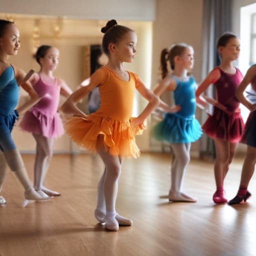 An image of diverse (((children))) wearing colorful dance attire looking at a dance instructor in a (((dance studio))) practicing basic dance steps, warm natural lighting, detailed, realistic.