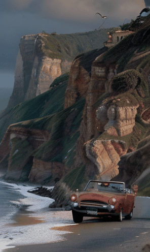 A vintage red convertible driving along a winding coastal road at sunset, with the ocean waves crashing against rugged cliffs and seagulls soaring in the sky