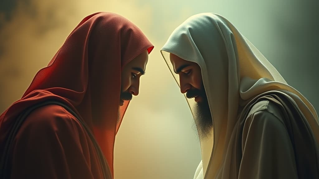  a theological contrast between christian and islamic depictions of jesus, showcasing their differences. hyperrealistic, full body, detailed clothing, highly detailed, cinematic lighting, stunningly beautiful, intricate, sharp focus, f/1. 8, 85mm, (centered image composition), (professionally color graded), ((bright soft diffused light)), volumetric fog, trending on instagram, trending on tumblr, HDR 4K, 8K