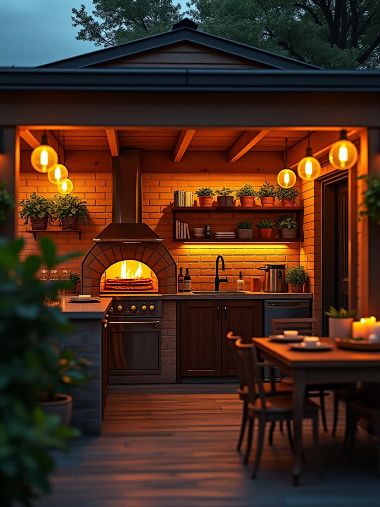  high quality portrait photo of a cozy outdoor kitchen corner with a pizza oven, illuminated by warm, golden pendant lights hanging from a wooden pergola hyperrealistic, full body, detailed clothing, highly detailed, cinematic lighting, stunningly beautiful, intricate, sharp focus, f/1. 8, 85mm, (centered image composition), (professionally color graded), ((bright soft diffused light)), volumetric fog, trending on instagram, trending on tumblr, HDR 4K, 8K