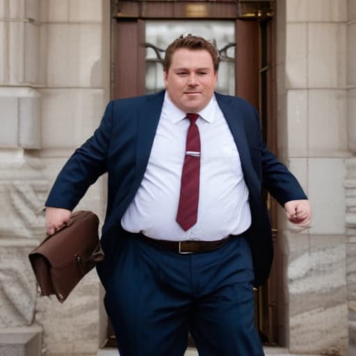 A panoramic 8K photo of a white fat bureaucrat who is trying to go up the wide stairs of the New York County Courthouse in a tutu and with a leather briefcase under his arm in a hurry, he weighs approximately 330 pounds, the top of his hair is gone and the sides are white, he is tall, his and upper body are fat and wide, his are very , he has a round smooth face and non-beard