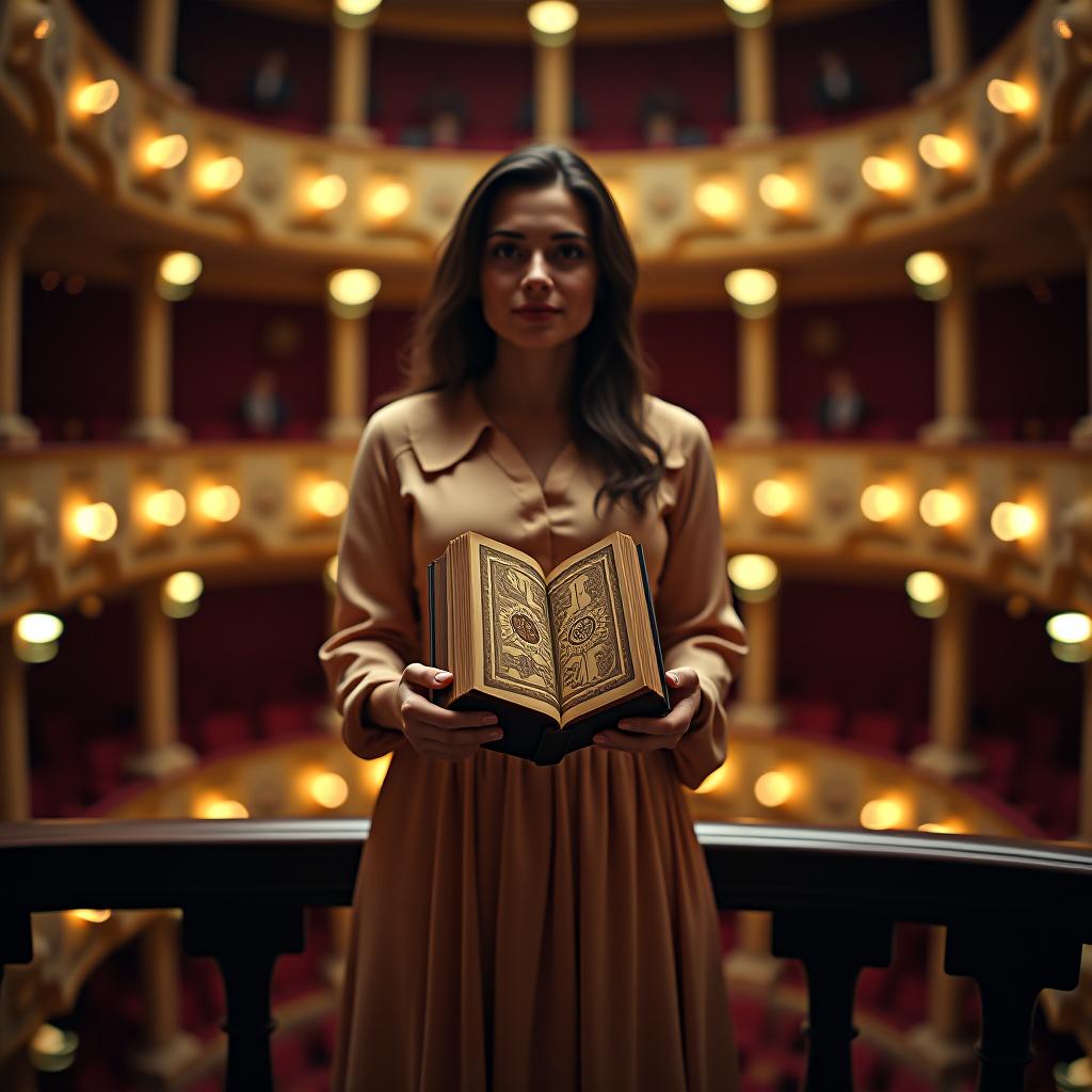  a woman in a vintage dress stands on the balcony of a theater, her facial features blurred, holding an ancient book with symbols.