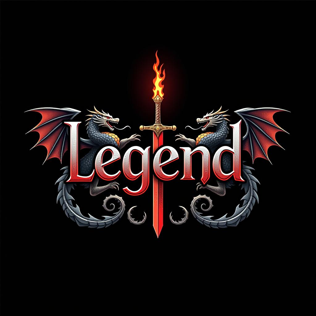  design a logo, custom sticker design on an isolated black background with the words ‘legend’ in bold font decorated by mythical dragons and a flaming sword