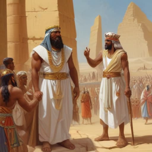 A biblical illustration of Moses and Aaron standing before Pharaoh, who sits on a throne. Pharaoh has an authoritative posture, indicating resistance. In the background, Israelite slaves are toiling under harsh conditions, emphasizing the struggle faced by God's people.