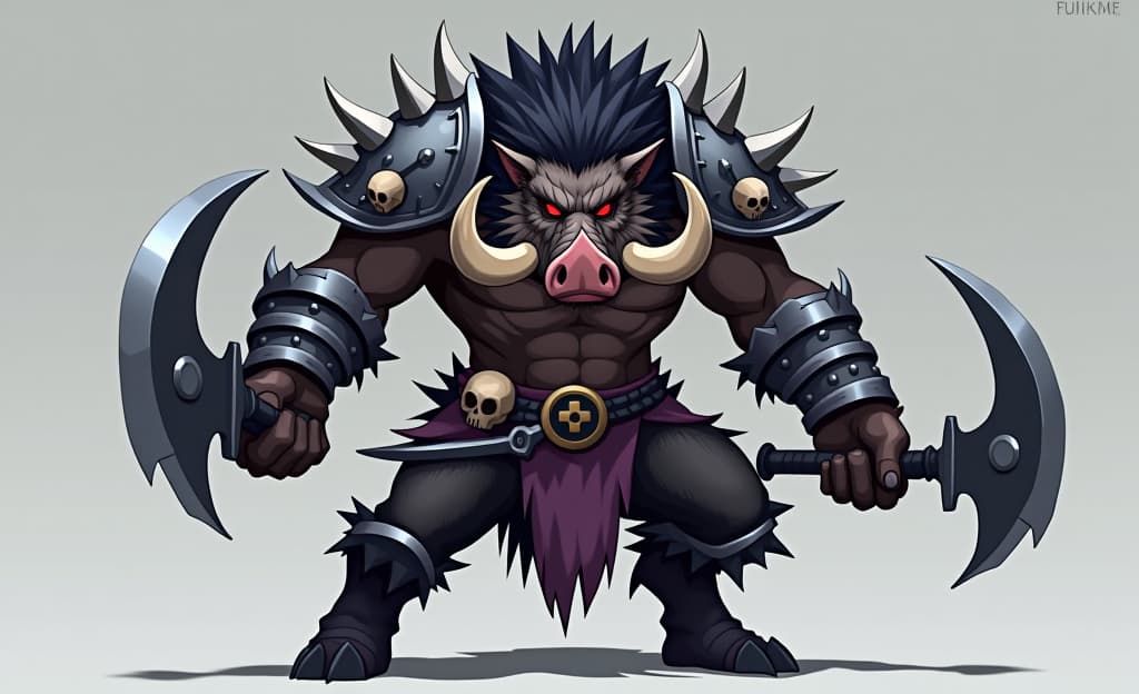  create a 2d anime style character sheet turnaround of a large, menacing boar like creature with spiky dark hair, glowing red eyes, and massive tusks. the creature wears heavy, jagged armor adorned with metallic spikes and skulls, emphasizing its brute strength and ferocity. its muscular body is covered with fur, and it wields a large, jagged blade in one hand. the character should have a powerful, intimidating stance, with exaggerated features typical of anime villains, a simple background.hyper detail, intricate details, sharp focus, high resolution, 8k, ultra detailed, vib