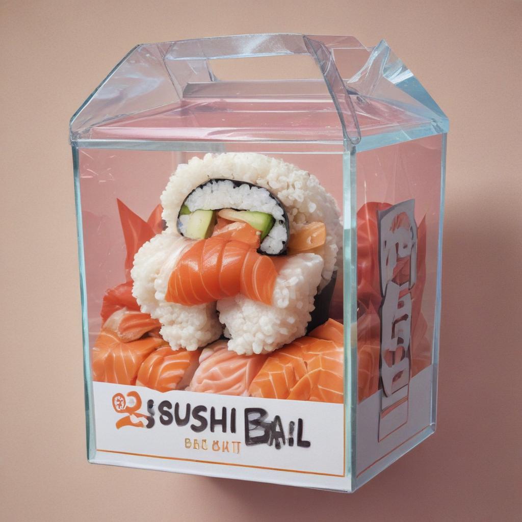 distance-shot, flashy, full-body, dynamic, holographic, animated cartoon poster of a take-out box of sushi in the style of dragon ball super