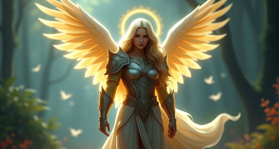  enchanting, ethereal warrior, glowing armor and halo of light. magical forest backdrop, radiant aura of renewed strength, ethereal beings watching, evident triumph.. the style is digital art illustration,highly detailed, whimsical,magical, dreamlike atmosphere, realism and fantasy blend, smooth, glossy textures,luminous quality, wonder and enchantment.