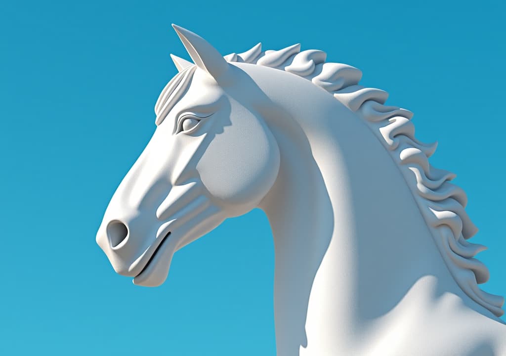  a white horse statue with a blue background