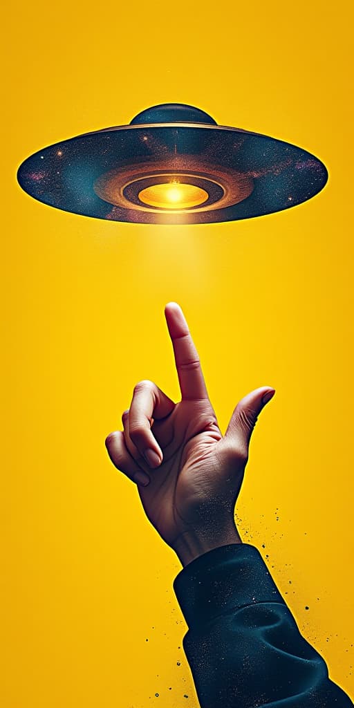  male hand pointing at ufo against yellow background. science of cosmos. contemporary art collage. concept of y2k style, creativity, surrealism, abstract art, imagination. colorful design, high quality, high details, hd, perfect composition, 4k epic detailed, highly detailed, sharp focus, high resolution