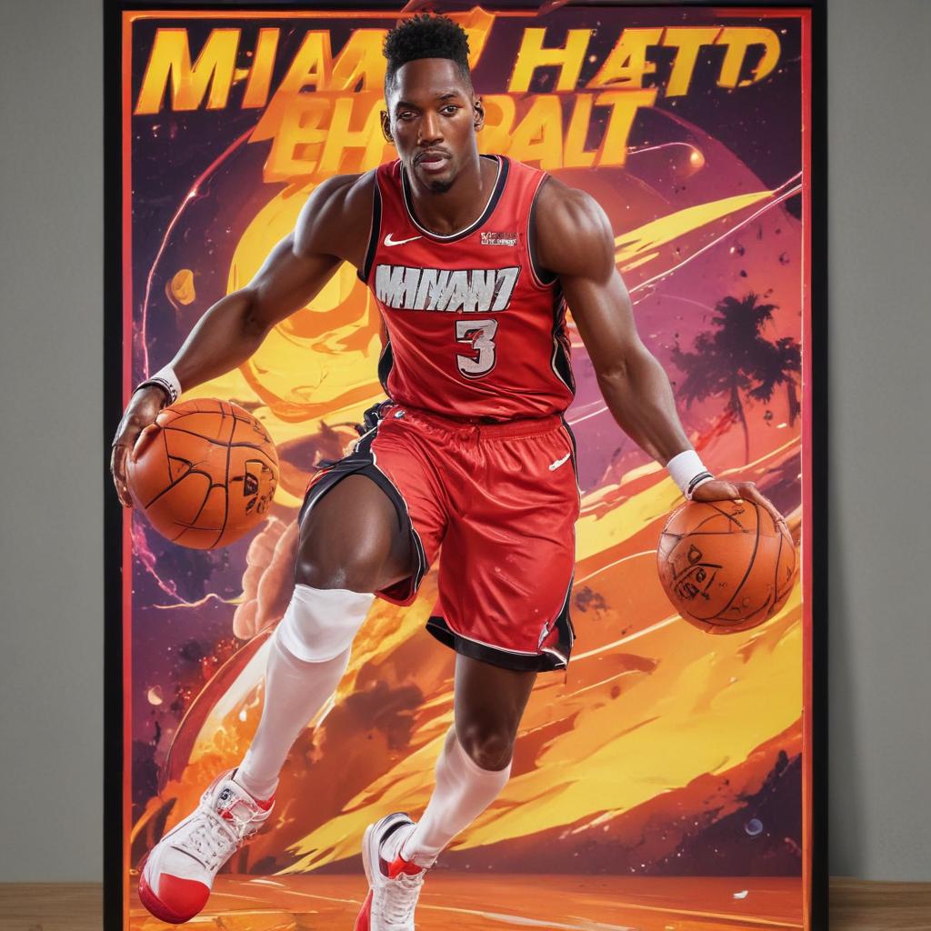 distance-shot, flashy, full-body, dynamic, holographic, animated cartoon poster of miami heat player bam adebayo in the style of dragon ball super