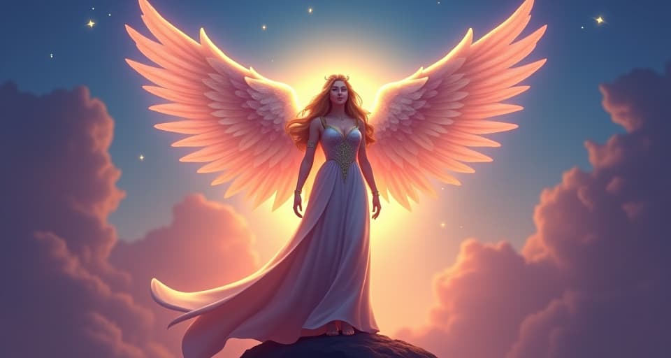  a celestial guardian with an aura of bright light, standing firmly under a twilight sky. her poised stance emits confidence and divine protection. empowered, invincible, divine.. the style is digital art illustration,highly detailed, whimsical,magical, dreamlike atmosphere, realism and fantasy blend, smooth, glossy textures,luminous quality, wonder and enchantment.