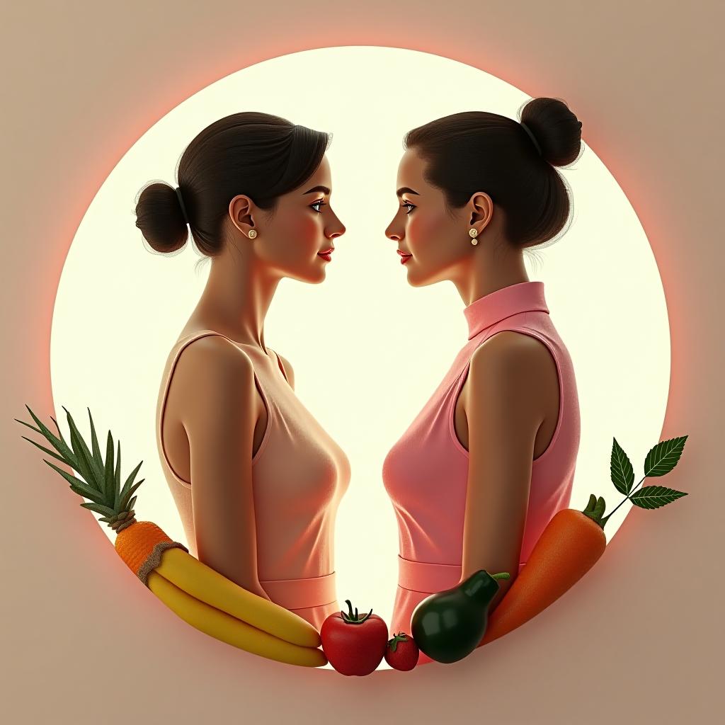  minimal style reflecting women ' s issues. imagine the circular form within which stylized elements symbolizing feminineity, such as fruits and vegetables, are located and associated with the right food / women ' s power symbols colour gamma: green, pink, white. the avatar fleet must be simple and concise to avoid distracting attention from the basic element. hyperrealistic, full body, detailed clothing, highly detailed, cinematic lighting, stunningly beautiful, intricate, sharp focus, f/1. 8, 85mm, (centered image composition), (professionally color graded), ((bright soft diffused light)), volumetric fog, trending on instagram, trending on tumblr, HDR 4K, 8K