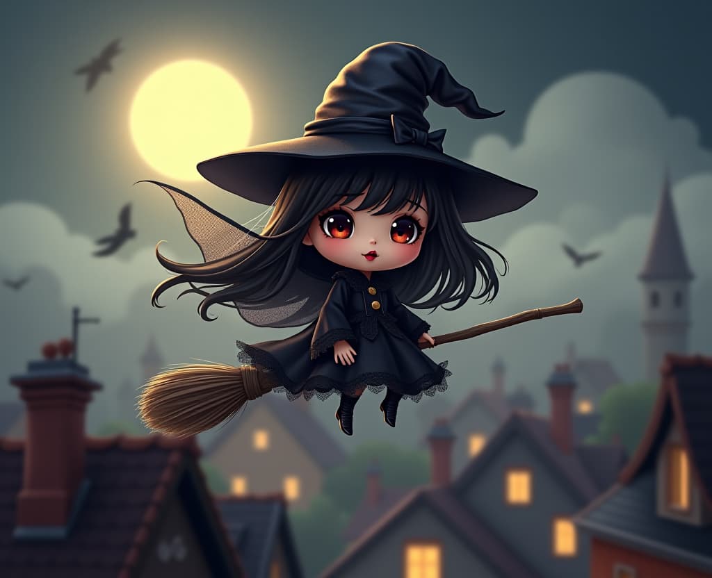  gothic style little chibi witch child (close up full length), flies sitting on a broom over the roofs of houses, she has charming eyes, through her parted lips you can see her tongue. extremely high resolution details, photographic, realism pushed to extreme, fine texture, incredibly lifelike chibi art style, . dark, mysterious, haunting, dramatic, ornate, detailed hyperrealistic, full body, detailed clothing, highly detailed, cinematic lighting, stunningly beautiful, intricate, sharp focus, f/1. 8, 85mm, (centered image composition), (professionally color graded), ((bright soft diffused light)), volumetric fog, trending on instagram, trending on tumblr, HDR 4K, 8K