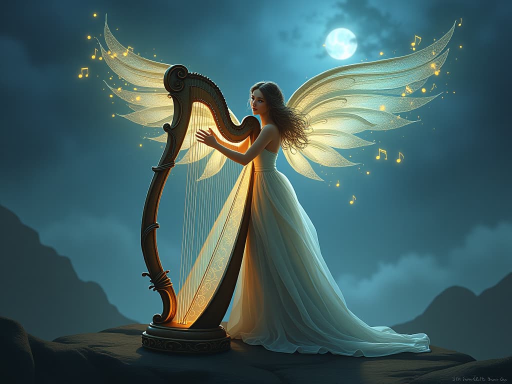  ethereal minstrel with a glowing harp, mystical landscape backdrop, luminous notes flowing through the air, atmosphere of divine music. the style is digital art illustration,highly detailed, whimsical,magical, dreamlike atmosphere, realism and fantasy blend, smooth, glossy textures,luminous quality, wonder and enchantment.